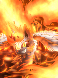 Size: 1875x2500 | Tagged: safe, artist:shad0w-galaxy, daybreaker, alicorn, pony, evil grin, fangs, female, fire, grin, looking at you, mane of fire, mare, smiling, smirk, solo, spread wings, wings