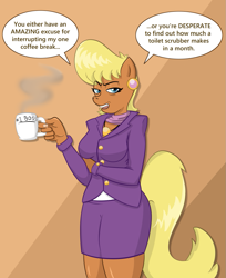 Size: 913x1119 | Tagged: safe, artist:eshbaal, ms. harshwhinny, anthro, blonde, breasts, business suit, businessmare, clothes, dialogue, ear piercing, earring, female, jacket, jewelry, looking at you, necklace, piercing, scarf, skirt, skirt suit, solo, suit, thighs, unamused