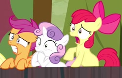 Size: 617x398 | Tagged: safe, screencap, apple bloom, scootaloo, sweetie belle, pony, appleoosa's most wanted, cutie mark crusaders, shocked