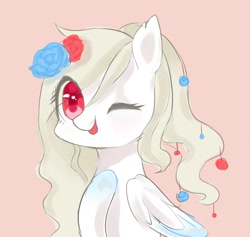 Size: 885x840 | Tagged: safe, artist:leafywind, oc, oc only, pegasus, pony, female, flower, flower in hair, mare, one eye closed, rose, simple background, tongue out, wink