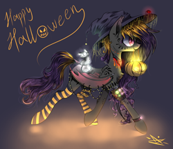 Size: 2320x2000 | Tagged: safe, artist:wacky-skiff, oc, oc only, bat pony, pony, bat pony oc, clothes, goth, gothic, halloween, hat, holiday, jack-o-lantern, jewelry, mouth hold, necklace, pumpkin, socks, solo, striped socks, watch, witch hat