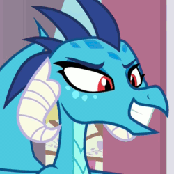 Size: 720x720 | Tagged: safe, edit, edited screencap, screencap, princess ember, dragon, triple threat, animated, attack eyebrows, eyebrow wiggle, eyebrows, gif, implying, out of context, raised eyebrow, reaction image, smiling, solo, zoomed in