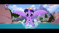 Size: 1280x720 | Tagged: safe, screencap, twilight sparkle, twilight sparkle (alicorn), alicorn, my little pony: the movie, crown, cute, jewelry, logo, mountain, my little pony logo, open mouth, regalia, thai, tree, water