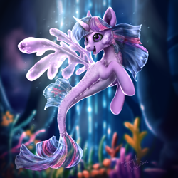 Size: 1500x1500 | Tagged: safe, artist:rossignolet, twilight sparkle, seapony (g4), my little pony: the movie, female, open mouth, seaponified, seapony twilight, smiling, solo, species swap, underwater