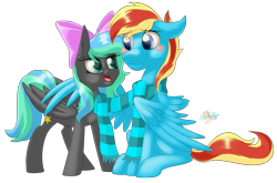 Size: 1211x800 | Tagged: safe, artist:unisoleil, oc, oc only, oc:flamelight dash, oc:starfire, pegasus, pony, blushing, bow, clothes, female, hair bow, male, mare, oc x oc, scarf, shared clothing, shared scarf, shipping, simple background, sitting, stallion, straight, transparent background