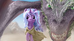 Size: 1797x999 | Tagged: safe, artist:amarthgul, spike, twilight sparkle, dragon, pony, alternate hairstyle, cloak, clothes, crossover, daenerys targaryen, drogon, game of thrones, older, size difference