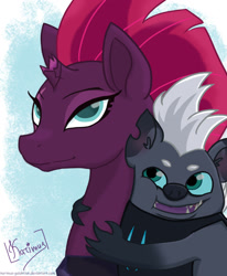 Size: 1204x1459 | Tagged: safe, artist:karimus-galaktion, grubber, tempest shadow, pony, unicorn, my little pony: the movie, abstract background, broken horn, bust, colored pupils, cute, duo, eye scar, featured on derpibooru, female, grubberbetes, grubbest, hug, lidded eyes, male, open mouth, scar, smiling, squishy cheeks, tempestbetes