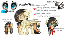 Size: 2238x1327 | Tagged: safe, artist:kindny-chan, oc, oc only, oc:kindnifer, pegasus, pony, blushing, female, glasses, mare, necktie, reference sheet, solo, we bought two cakes