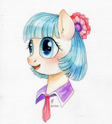 Size: 1300x1430 | Tagged: safe, artist:divlight, coco pommel, pony, blushing, bust, portrait, solo, traditional art, watercolor painting