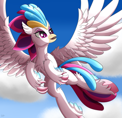 Size: 3750x3620 | Tagged: safe, artist:orangejuicerus, queen novo, classical hippogriff, hippogriff, my little pony: the movie, cloud, female, flying, high res, sky, solo