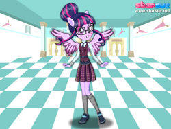 Size: 800x600 | Tagged: safe, artist:user15432, sci-twi, twilight sparkle, twilight sparkle (alicorn), alicorn, human, equestria girls, friendship games, clothes, crystal prep academy, crystal prep academy uniform, crystal prep shadowbolts, glasses, hasbro, hasbro studios, humanized, pegasus wings, ponied up, pony ears, school uniform, scitwilicorn, solo, starsue, winged humanization, wings