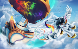 Size: 1024x649 | Tagged: safe, artist:elicitie, oc, oc only, oc:lightning bliss, alicorn, bird, once upon a zeppelin, airship, alicorn oc, cloud, commission, goggles, looking back, smiling, solo, zeppelin