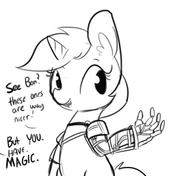 Size: 1650x1650 | Tagged: safe, artist:tjpones, lyra heartstrings, pony, unicorn, amputee, dialogue, ear fluff, grayscale, implied bon bon, mechanical hands, monochrome, offscreen character, prosthetic limb, prosthetics, simple background, solo, white background