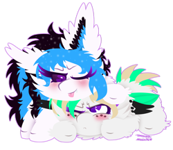 Size: 1024x885 | Tagged: safe, artist:vanillaswirl6, oc, oc only, earth pony, pegasus, pony, blushing, colored sclera, duo, female, fluffy, looking at each other, mare, one eye closed, simple background, sparkles, tongue out, transparent background, wink, ych result