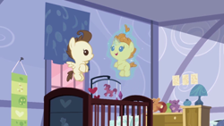 Size: 640x360 | Tagged: safe, screencap, pound cake, pumpkin cake, pony, baby cakes, baby, baby pony, cake twins, crib, foal, levitation, magic, self-levitation, telekinesis