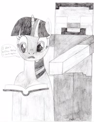 Size: 2550x3300 | Tagged: safe, artist:sms00, twilight sparkle, pony, book, crossover, herobrine, minecraft, traditional art