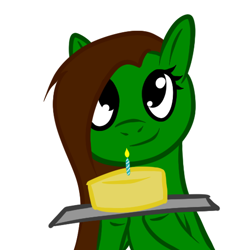 Size: 512x512 | Tagged: safe, artist:aeropegasus, oc, oc only, oc:aero pegasus, pegasus, pony, cake, food, happy birthday, looking at you, simple background, solo