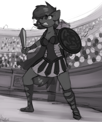 Size: 1082x1296 | Tagged: safe, artist:marsminer, oc, oc only, oc:venus spring, anthro, plantigrade anthro, armor, armor skirt, boots, clothes, female, gladiator, gladiatrix, mare, shield, shoes, skirt, solo, sword, weapon