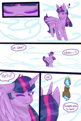 Size: 1024x1536 | Tagged: safe, artist:jeyjeymohr, clover the clever, twilight sparkle, twilight sparkle (alicorn), alicorn, pony, unicorn, comic:crownless, comic, dialogue, exclamation point