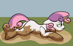 Size: 1280x819 | Tagged: safe, artist:replacer808, sweetie belle, unicorn, dirty, female, filly, mud, muddy, puddle, simple background