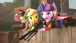 Size: 1024x576 | Tagged: safe, applejack, fluttershy, twilight sparkle, earth pony, pegasus, pony, 3d, awp, engiejack, engineer, fluttermedic, medishy, parody, sentry, sniper, source filmmaker, team fortress 2, twilight sniper