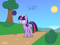 Size: 1500x1125 | Tagged: safe, artist:trackheadtherobopony, twilight sparkle, unicorn, bowling ball, circling stars, dizzy, head lump, park, solo