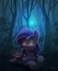 Size: 1530x1867 | Tagged: safe, artist:amishy, oc, oc only, oc:dawn sentry, bat pony, chest fluff, female, forest, grass, lidded eyes, prone, solo, wings