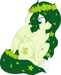 Size: 735x900 | Tagged: safe, artist:tambelon, oc, oc only, oc:posie pear, pegasus, pony, female, flower, flower in hair, mare, shy, simple background, solo, transparent background, watermark