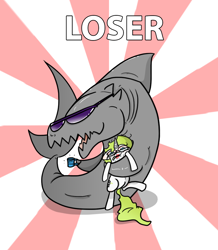 Size: 1000x1146 | Tagged: safe, artist:n-o-n, pony, shark, unicorn, abstract background, ask-a-whiteshark, cup, female, glasses, hug, imminent sex, lipstick, loser, mare, meme, rough, sunglasses