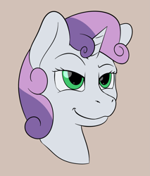 Size: 1881x2207 | Tagged: safe, artist:nudeknightart, sweetie belle, pony, unicorn, brown background, bust, cocked eyebrow, female, filly, mare, simple background, smiling, smirk, smug, solo