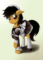 Size: 900x1266 | Tagged: safe, artist:zetamad, oc, oc only, earth pony, pony, blushing, clothes, crossdressing, horseshoes, maid, male, solo, stallion