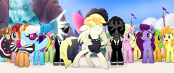 Size: 2048x858 | Tagged: safe, screencap, cantaloupe (character), millie, nougat praliné, open skies, photo finish, songbird serenade, earth pony, pegasus, pony, unicorn, my little pony: the movie, animation error, background pony, camera, canterlot shopkeep, clothes, code red, crowd, female, jules winnfield, male, mare, necktie, official, pulp fiction, race swap, stallion, suit, sunglasses, toadstool blossom, unnamed pony, vincent vega, vinny, whinnyfield