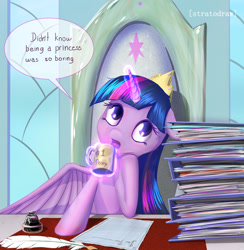 Size: 1024x1049 | Tagged: dead source, safe, artist:stratodraw, twilight sparkle, twilight sparkle (alicorn), alicorn, pony, crown, dialogue, female, glowing horn, jewelry, magic, mare, quill, regalia, solo