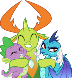 Size: 5368x5764 | Tagged: safe, artist:punzil504, princess ember, spike, thorax, changedling, changeling, dragon, triple threat, absurd resolution, dragoness, female, hug, king thorax, simple background, smiling, transparent background, vector