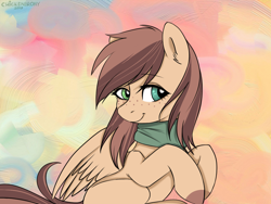Size: 1024x768 | Tagged: safe, artist:chickenbrony, oc, oc only, pegasus, pony, clothes, cute, looking back, scarf, sitting, solo