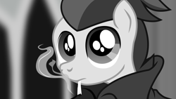 Size: 2870x1614 | Tagged: safe, artist:aaronmk, rumble, pegasus, pony, albert camus, black and white, bust, camus, collar, existentialism, grayscale, monochrome, noir, portrait, smoking, solo, vector