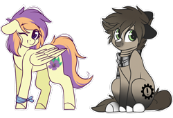 Size: 3000x2048 | Tagged: safe, artist:cinnamontee, oc, oc only, oc:golden spirit, oc:stephen, earth pony, pegasus, pony, clothes, female, high res, mare, one eye closed, scarf, simple background, sitting, transparent background, wink
