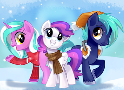 Size: 2175x1575 | Tagged: safe, artist:wicklesmack, oc, oc only, oc:blank canvas, oc:hoof beatz, oc:mane event, earth pony, pegasus, pony, unicorn, clothes, earmuffs, female, hoofevent, male, mare, scarf, smiling, stallion, sweater, trio