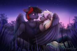 Size: 3000x2000 | Tagged: safe, artist:gloriajoy, oc, oc only, oc:ice trio, oc:mystic thunder, anthro, hippogriff, anthro oc, clothes, female, icethunder, looking at each other, male, mare, oc x oc, shipping, smiling, stallion, straight