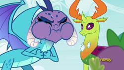 Size: 1280x720 | Tagged: safe, screencap, dragon lord ember, princess ember, spike, thorax, changedling, changeling, dragon, triple threat, discovery family logo, king thorax, puffy cheeks, red face, sweat