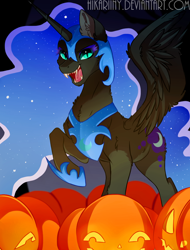 Size: 800x1050 | Tagged: safe, artist:hikariviny, nightmare moon, alicorn, armor, fangs, halloween, holiday, jack-o-lantern, laughing, pumpkin, solo, teeth