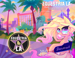 Size: 1024x791 | Tagged: safe, artist:meekcheep, oc, oc only, oc:starstruck, pony, unicorn, beach, bubblegum, chair, con book, convention, convention art, director's chair, disneyland, equestria la, female, ferris wheel, food, gum, hotel, looking at you, mare, mascot, palm tree, solo focus, sunglasses, tree, watermark