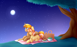 Size: 3442x2090 | Tagged: safe, artist:scarlet-spectrum, oc, oc only, pony, unicorn, basket, bread, commission, dating, eyes closed, food, full moon, moon, night, picnic basket, picnic blanket, prone, sandwich, stars, tree