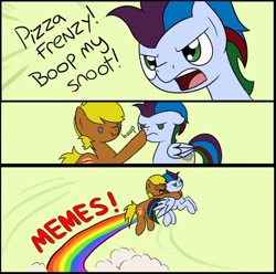 Size: 600x596 | Tagged: safe, artist:bonsia-lucky, oc, oc only, oc:pizza frenzy, oc:thunder clash, earth pony, pegasus, pony, boop, grab my meme, meme, offspring, parent:cheese sandwich, parent:pinkie pie, parent:rainbow dash, parent:soarin', parents:cheesepie, parents:soarindash