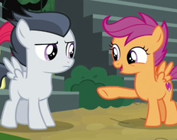 Size: 574x453 | Tagged: safe, screencap, rumble, scootaloo, pegasus, pony, marks and recreation, colt, male, pointing, raised hoof