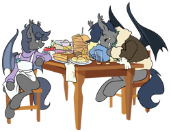 Size: 1278x985 | Tagged: safe, artist:egophiliac, oc, oc only, oc:chase cartwheel, oc:laguna, bat pony, pony, apple, apron, bomber jacket, breakfast, clothes, eating, female, food, fruit, goofy, jacket, male, mare, messy, messy eating, mother, mother and child, mother and son, pancakes, parent and child, pear, simple background, stallion, sweater, transparent background