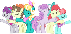 Size: 5495x2648 | Tagged: safe, artist:ironm17, crimson cream, fashion statement, mare e. belle, pearmain worcester, pegasus olsen, pinot noir, shiraz, silver berry, strawberry ice, earth pony, pony, cape, clothes, eyes closed, group, hat, honey curls, mare e. lynn, peggy holstein, scarf, shirt, simple background, singing, transparent background, vector