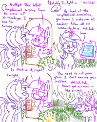 Size: 1280x1611 | Tagged: safe, artist:adorkabletwilightandfriends, amethyst star, sparkler, twilight sparkle, twilight sparkle (alicorn), alicorn, pony, comic:adorkable twilight and friends, adorkable twilight, comic, grass, lawn, lineart, plot, slice of life, sweat, yard