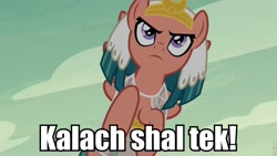 Size: 960x540 | Tagged: safe, edit, edited screencap, screencap, somnambula, pegasus, pony, daring done?, female, goa'uld, goa'uld language, image macro, mare, meme, narrowed eyes, roflbot, stargate, stargate sg1, translated in the description