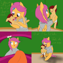 Size: 1000x1000 | Tagged: safe, scootaloo, oc, oc:lightning blitz, pegasus, pony, comic:ask motherly scootaloo, baby, baby pony, colt, comic, crying, cute, female, hairpin, holding a pony, male, mother and child, mother and son, motherly scootaloo, mouth cam, offspring, older, older scootaloo, parent and child, parent:rain catcher, parent:scootaloo, parents:catcherloo, sweatshirt, teething